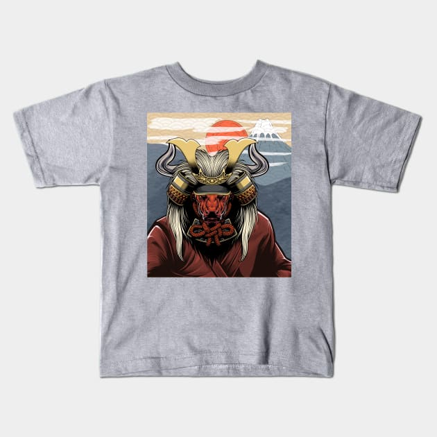 Bull with Lion Hair Samurai Helmet Kids T-Shirt by TheStuffInBetween